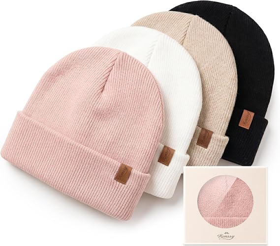 Konnsy 4 Pack Baby Beanie Warm Winter Hats for Newborn Infant Boys Girls | Cozy Double-Layer Knitted Warm Cap, Extra-Soft, Stretch Beanies Without Tight Marks, Multicolor set, Baby Beanies 0-6 Months