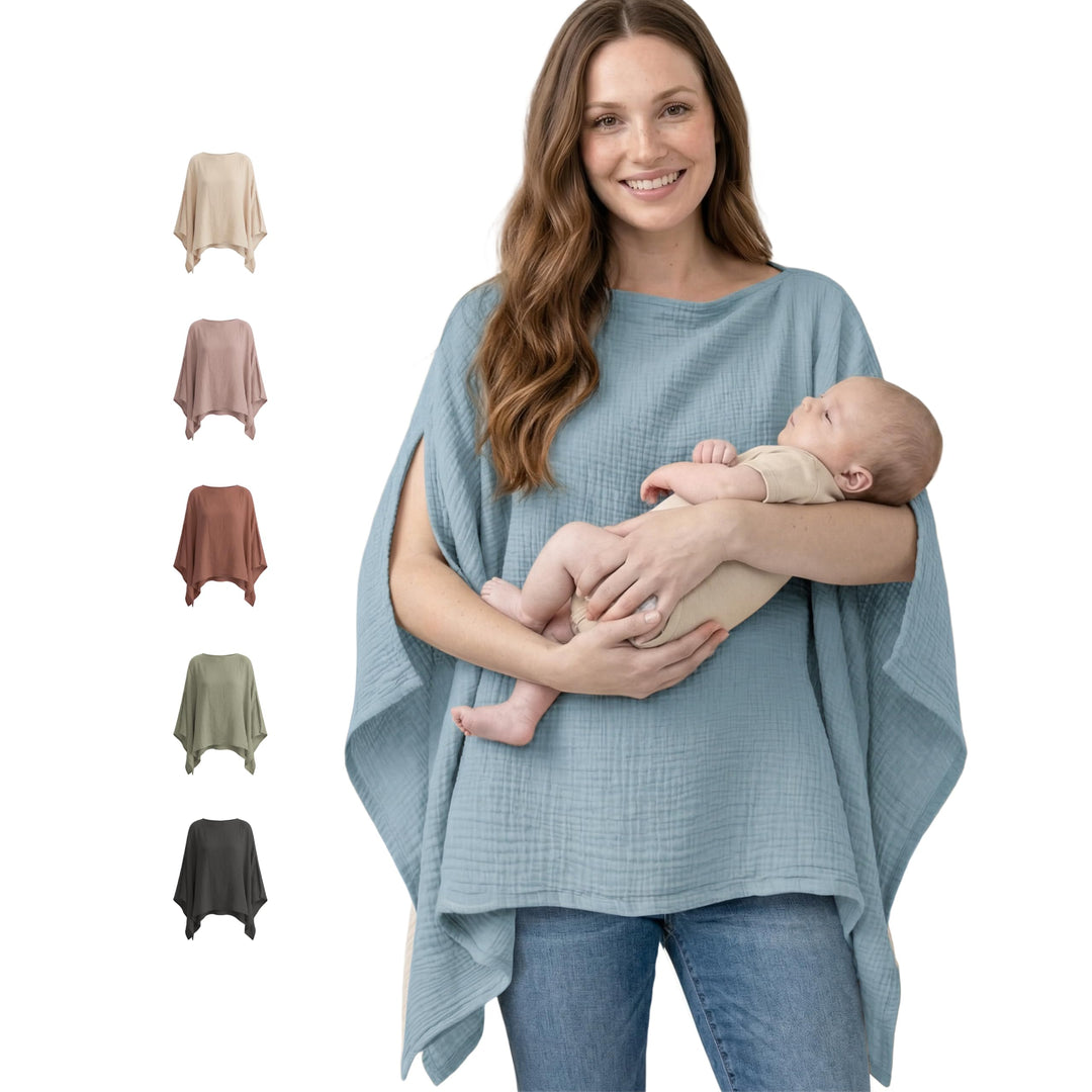 Konssy Muslin Nursing Cover for Women, 360° Full Privacy Poncho - Blue - image 1
