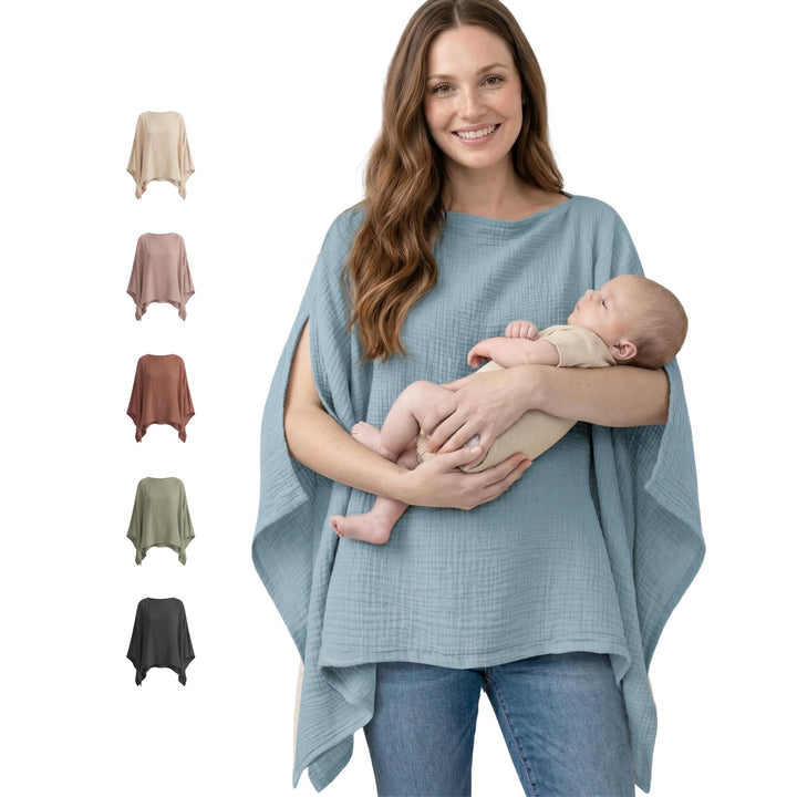 Konssy Muslin Nursing Cover for Women, 360° Full Privacy Poncho - Blue - image 1