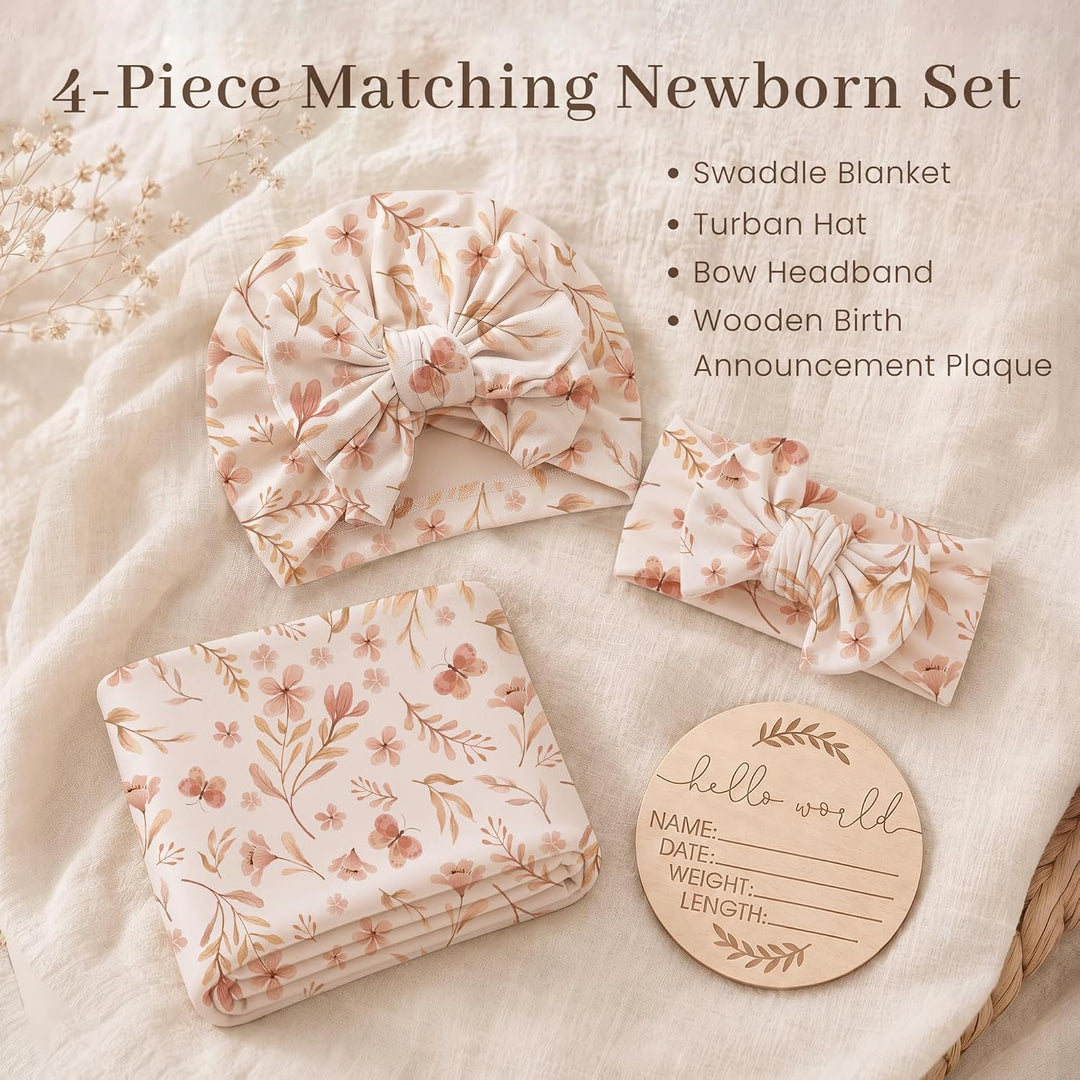 Konssy Baby Swaddle Blanket Set for Girl, 4-Piece Newborn Receiving Blanket/Soft & Stretchy, Matching Bow Hat, Headband and Wooden Sign, Floral & Solid, Newborn Photos and Birth Announcements