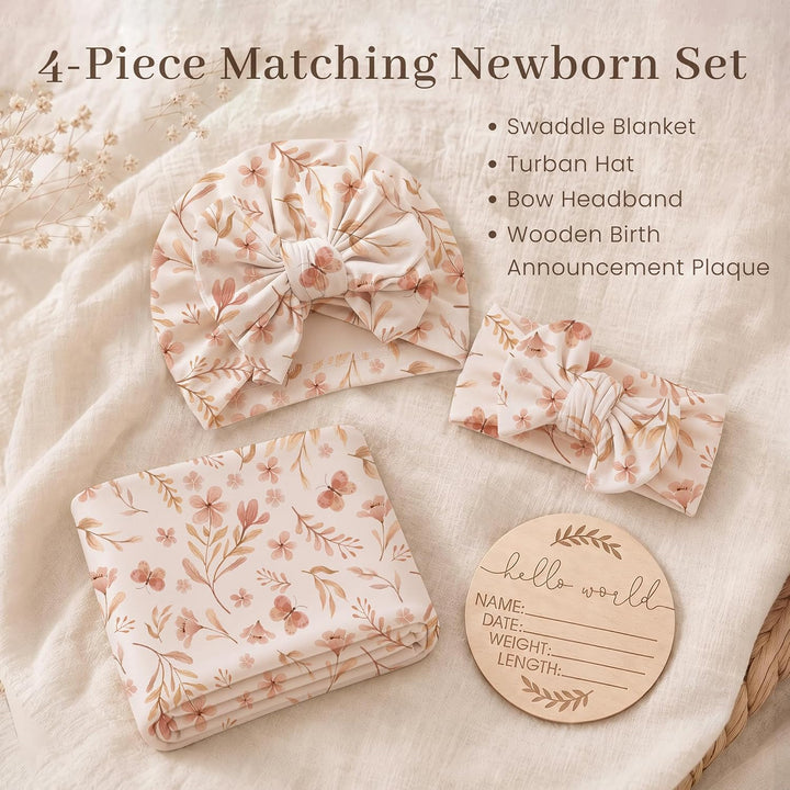 Konssy Baby Swaddle Blanket Set for Girl, 4-Piece Newborn Receiving Blanket/Soft & Stretchy, Matching Bow Hat, Headband and Wooden Sign, Floral & Solid, Newborn Photos and Birth Announcements
