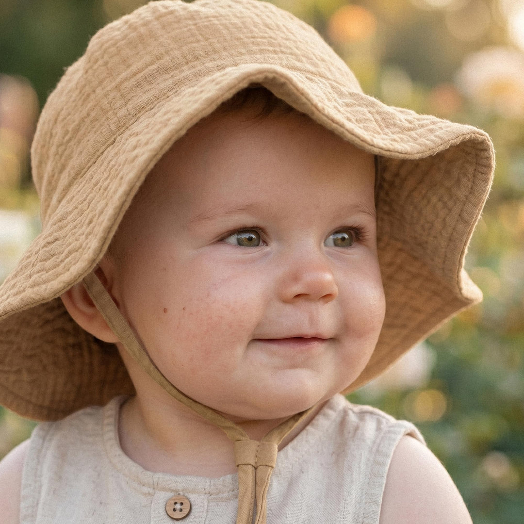 Konssy 2-Pack Muslin Baby Girl Sun Hats with Wide Brim, UPF 50+, 0-6& 6-12M - Camel-coffee Check - image 3