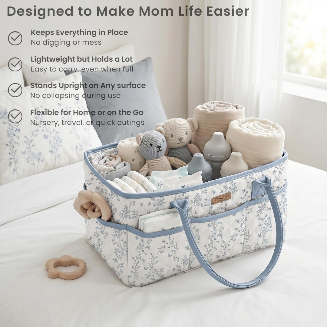 Konssy Baby Diaper Caddy Organizer, Floral Design with PU Leather Handles - Blue Garden - image 4