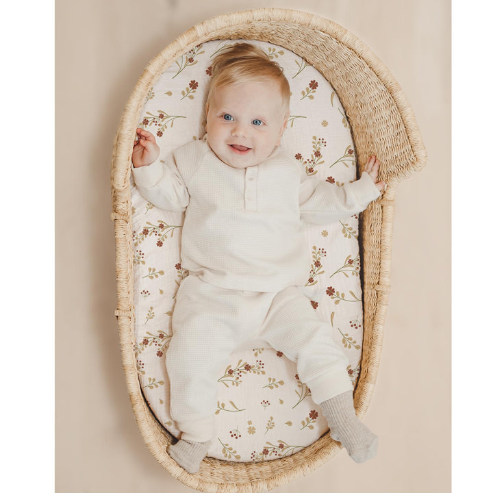 Konssy 2 Pack Muslin Bassinet Sheets for Baby Girls Boys, 32"x16" - Chestnut,Posy - image 2