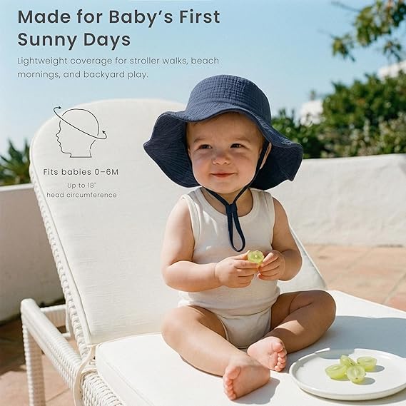 Konssy Muslin Baby Boy Sun Hat 2-Pack, Infant Sun Hat with Wide Brim, UPF 50+ Baby Beach Hat for 0-6 Months