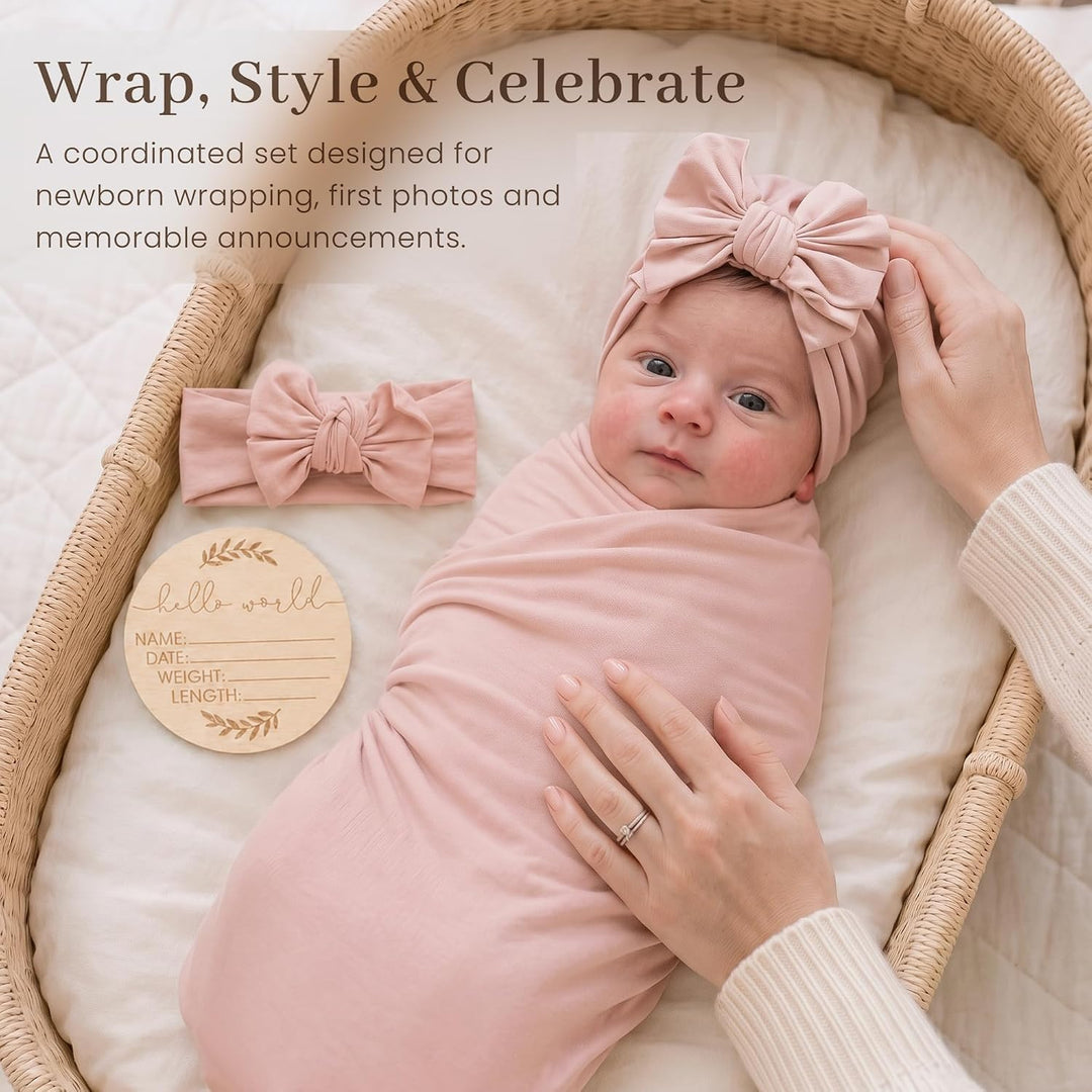Konssy Baby Swaddle Blanket Set for Girl, 4-Piece Newborn Receiving Blanket/Soft & Stretchy, Matching Bow Hat, Headband and Wooden Sign, Floral & Solid, Newborn Photos and Birth Announcements