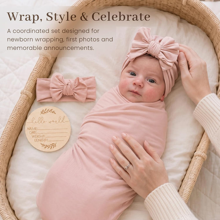 Konssy Baby Swaddle Blanket Set for Girl, 4-Piece Newborn Receiving Blanket/Soft & Stretchy, Matching Bow Hat, Headband and Wooden Sign, Floral & Solid, Newborn Photos and Birth Announcements