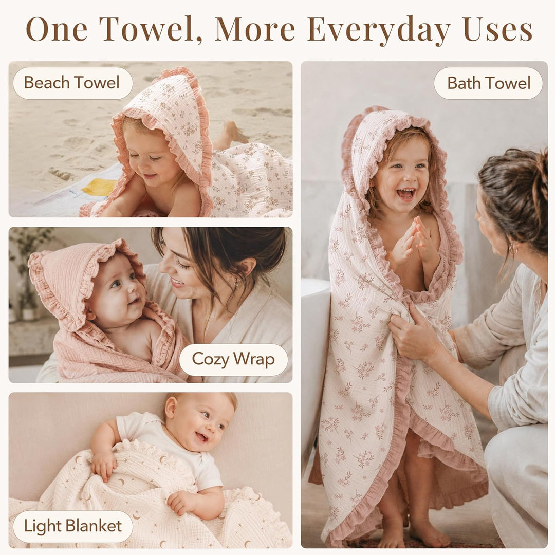 Konssy 100% Muslin Cotton Baby Hooded Towel, Soft Absorbent Bath Towel for Newborns, Infants and Toddlers, Baby Gift and Newborn Essentials with Lace Ruffle Hood - Blossom - B0GY7B1ZLS image 3