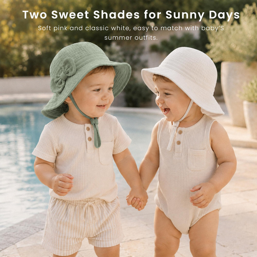 Konssy 2-Pack Muslin Baby Sun Hats for Girls with Bows, UPF 50+ - White Green - image 4