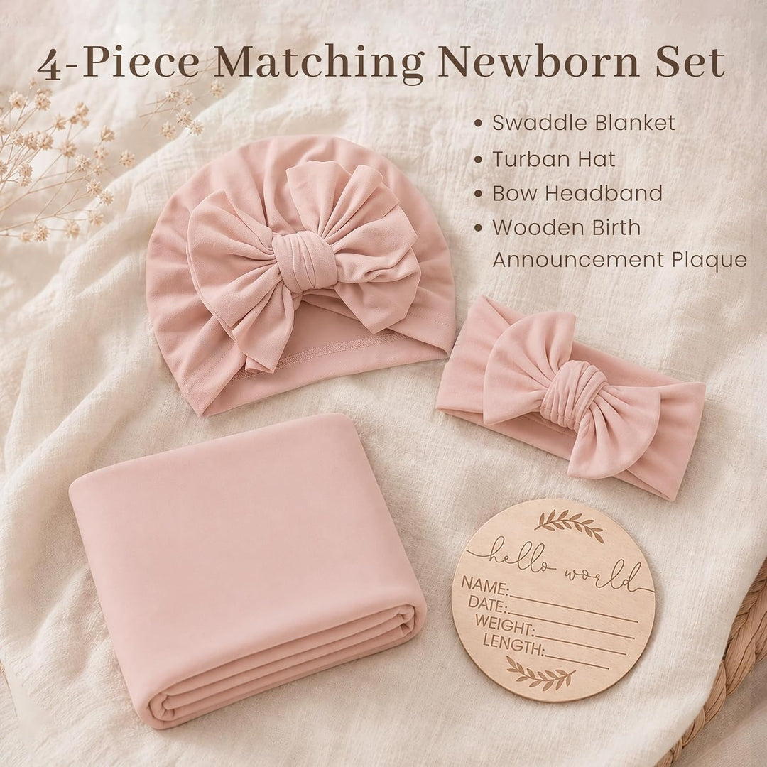 Konssy Baby Swaddle Blanket Set for Girl, 4-Piece Newborn Receiving Blanket/Soft & Stretchy, Matching Bow Hat, Headband and Wooden Sign, Floral & Solid, Newborn Photos and Birth Announcements