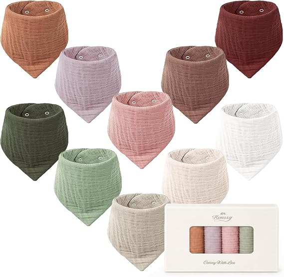 Konssy 10 Pack Baby Muslin Bandana Bibs for Drooling and Teething 100% Cotton, 6-Layer Bibs, Pre-Washed Soft & Absorbent, Adjustable Neck Fit, Boys & Girls 0-36M