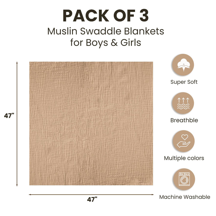 Konssy 3-Pack Muslin Baby Swaddle Blankets, 47 x 47 In Receiving Blankets - Brown - image 6