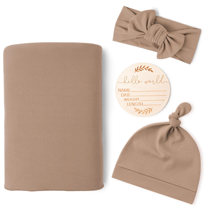 Konssy Newborn Swaddle Blanket with Beanie Hat Set, Baby Receiving Blanket - Brown - image 1