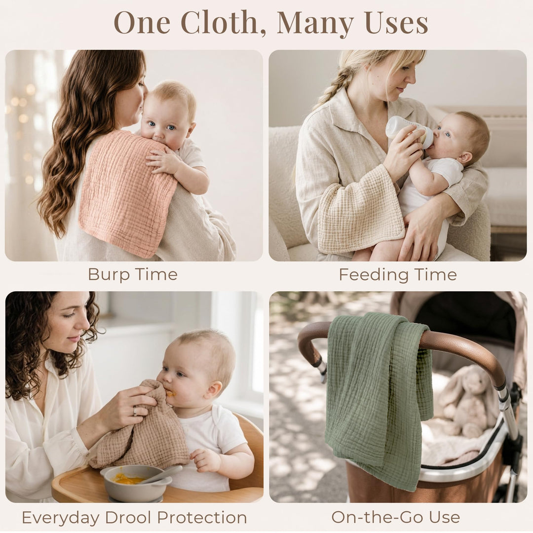 Konssy 7-Pack Muslin Baby Burp Cloths, 6-Layer 100% Cotton - Fog Green - image 3