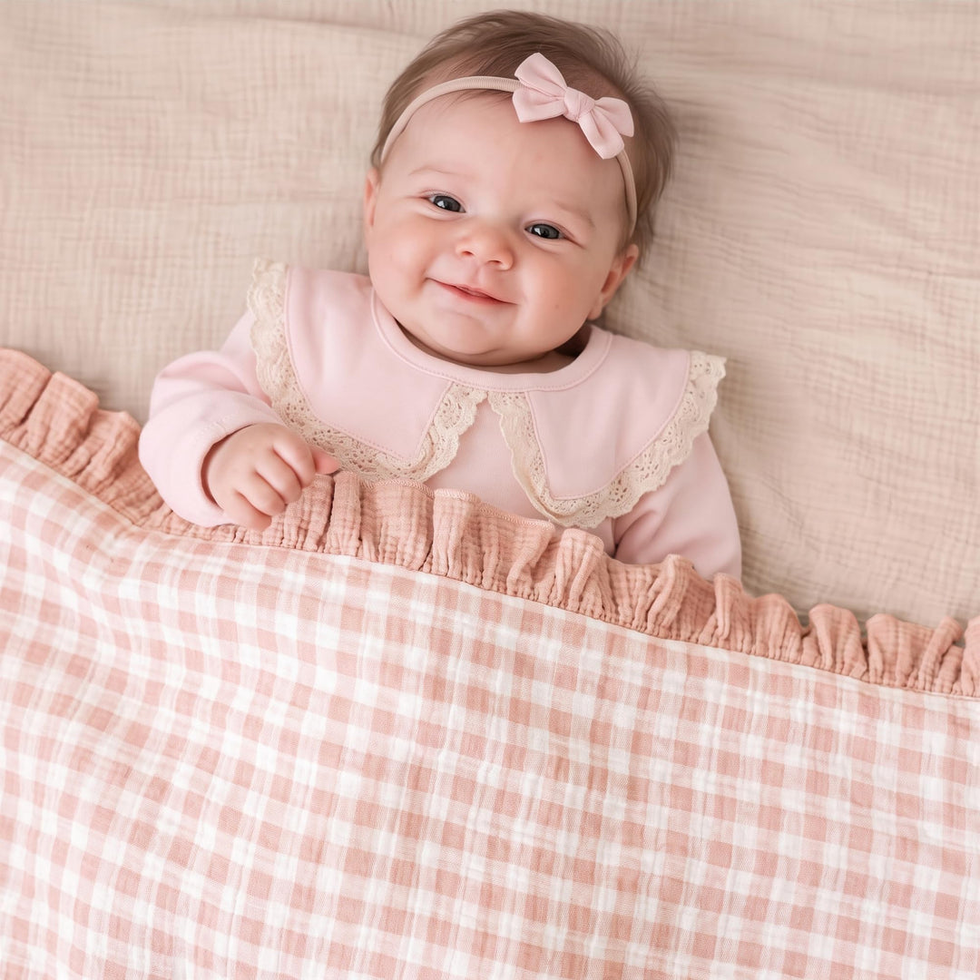 Konssy 100% Cotton Muslin Baby Blanket with Ruffle Trim for Girls, 43"x39" - Pink Check - image 2