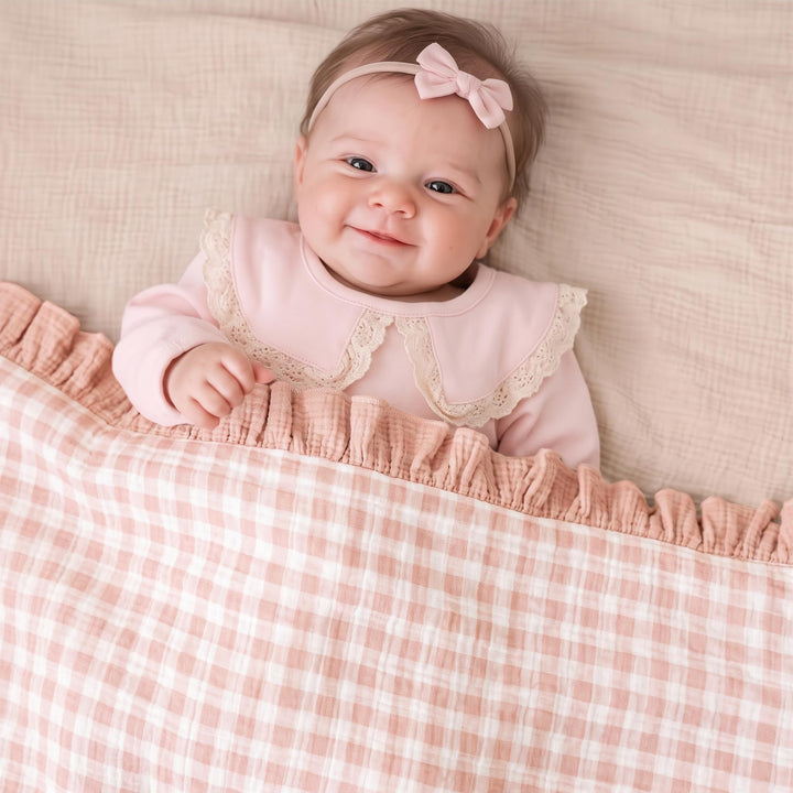 Konssy 100% Cotton Muslin Baby Blanket with Ruffle Trim for Girls, 43"x39" - Pink Check - image 2