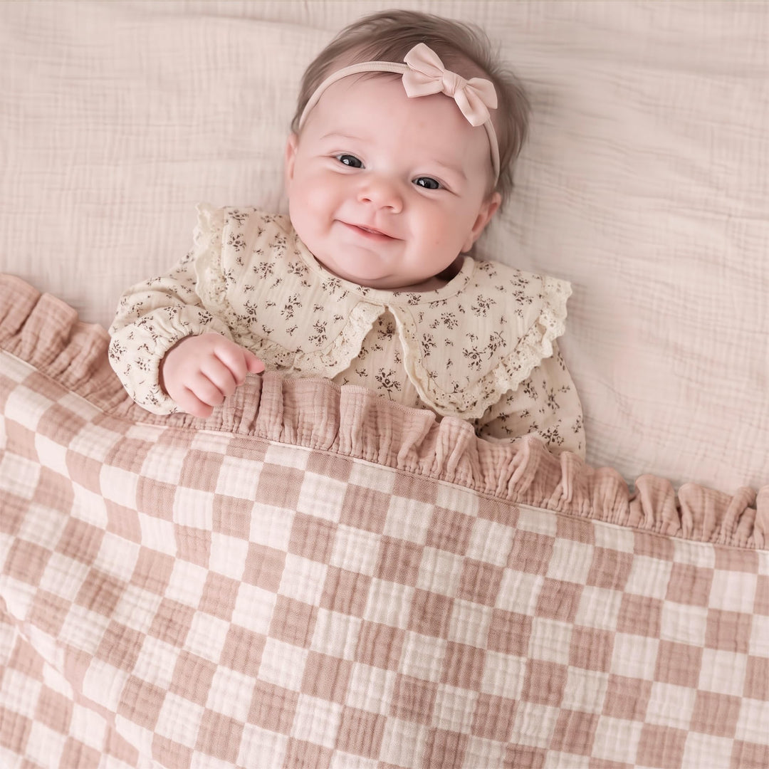 Konssy 100% Cotton Muslin Baby Blanket with Ruffle Trim for Girls, 43"x39" - Rosy Check - image 2