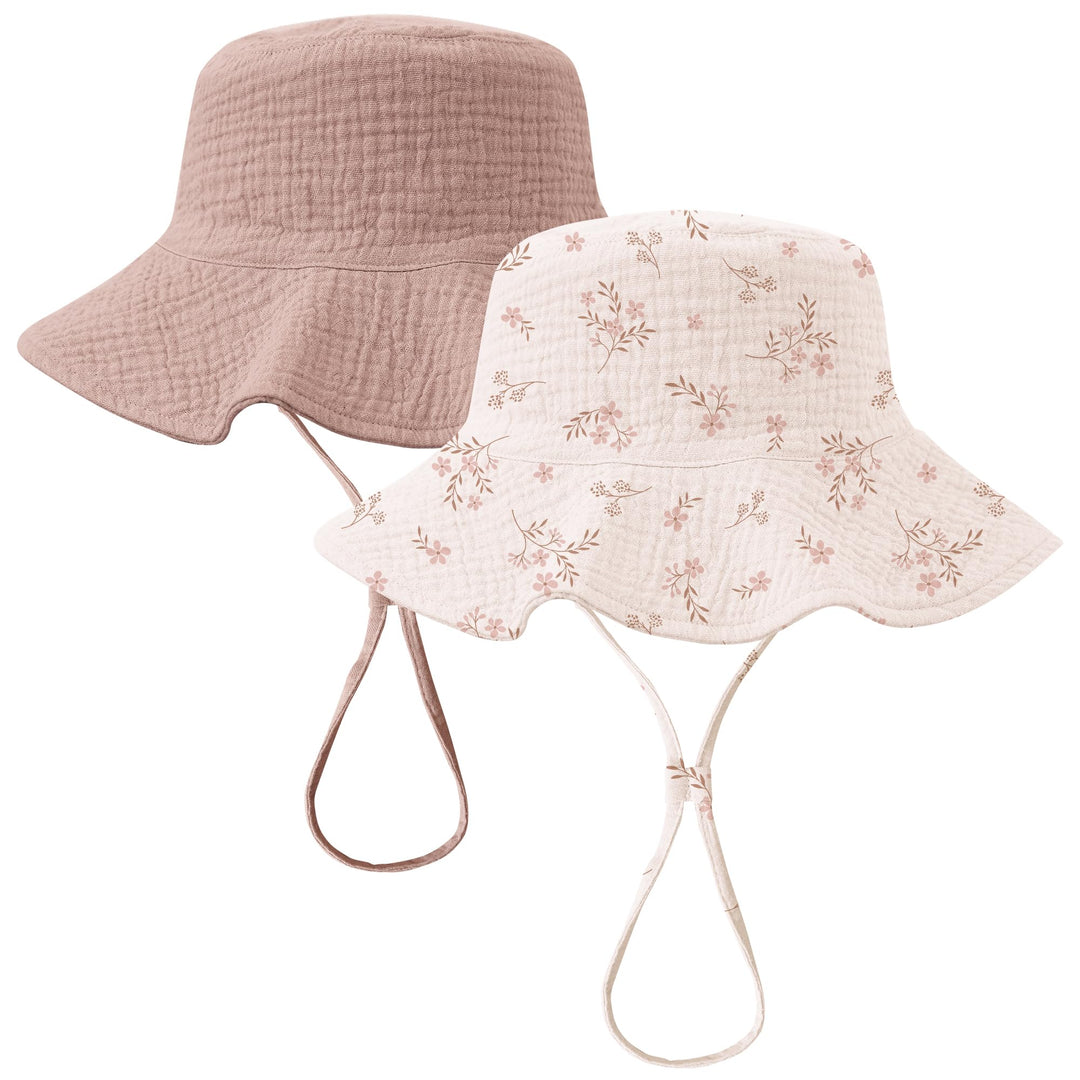 Konssy 2-Pack Muslin Baby Girl Sun Hats with Wide Brim, UPF 50+, 0-6& 6-12M - Soft Blooms-taupe - image 1