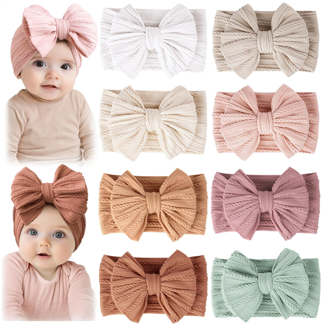 Prohouse 8 Pack Baby Bows Headbands for Girls, Newborn Nylon Headbands - Beige - image 1