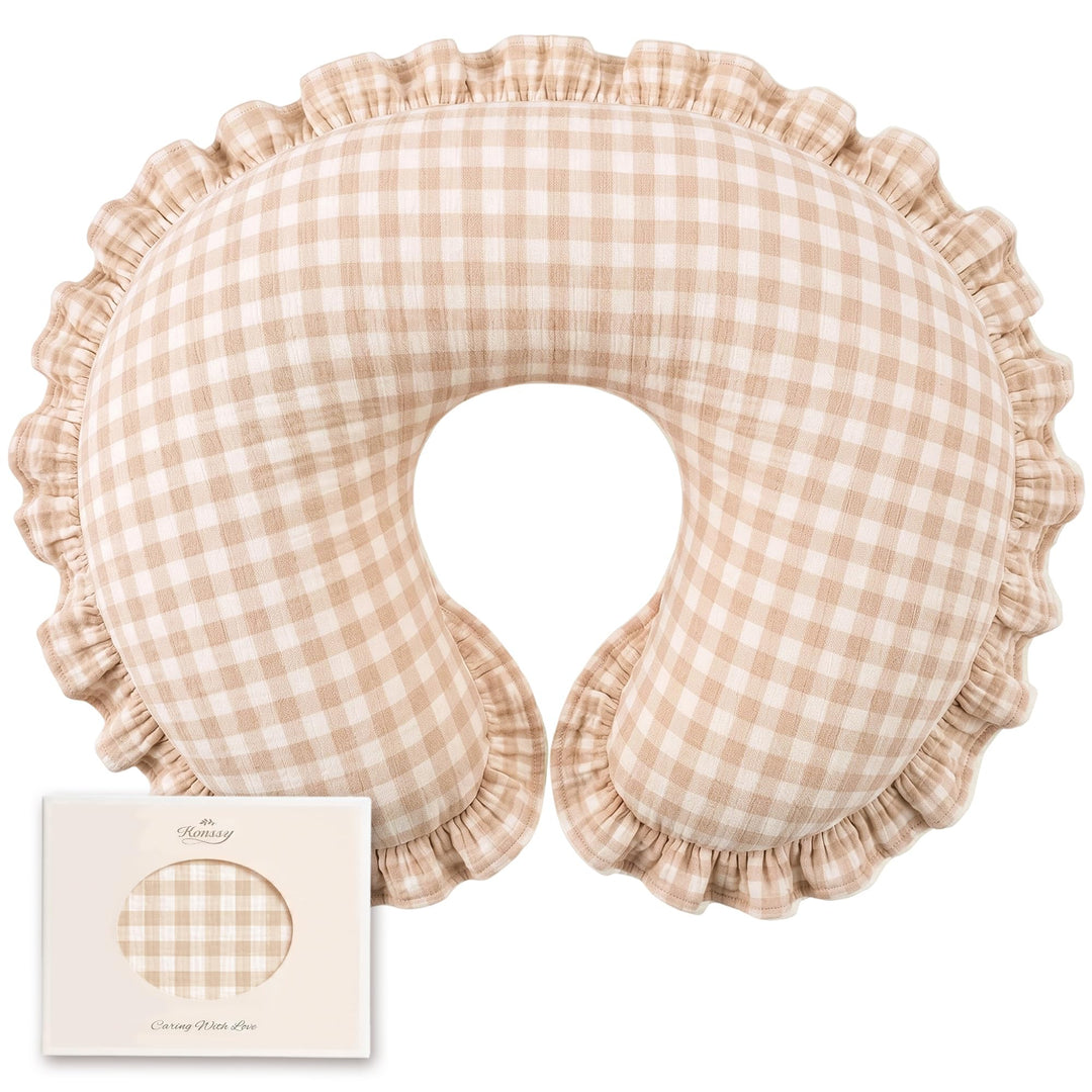 Konssy 100% Muslin Cotton Soft Nursing Pillow Cover with Ruffle Trim - Apricot Check - image 1