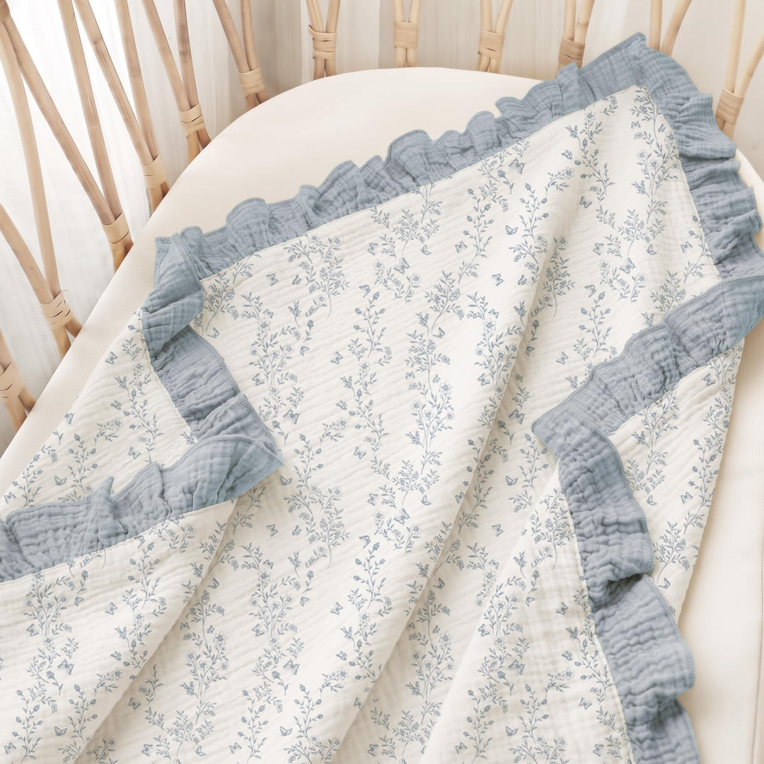 Konssy 100% Cotton Muslin Baby Blanket with Ruffle Trim for Girls, 43"x39" - Blue Garden - image 4