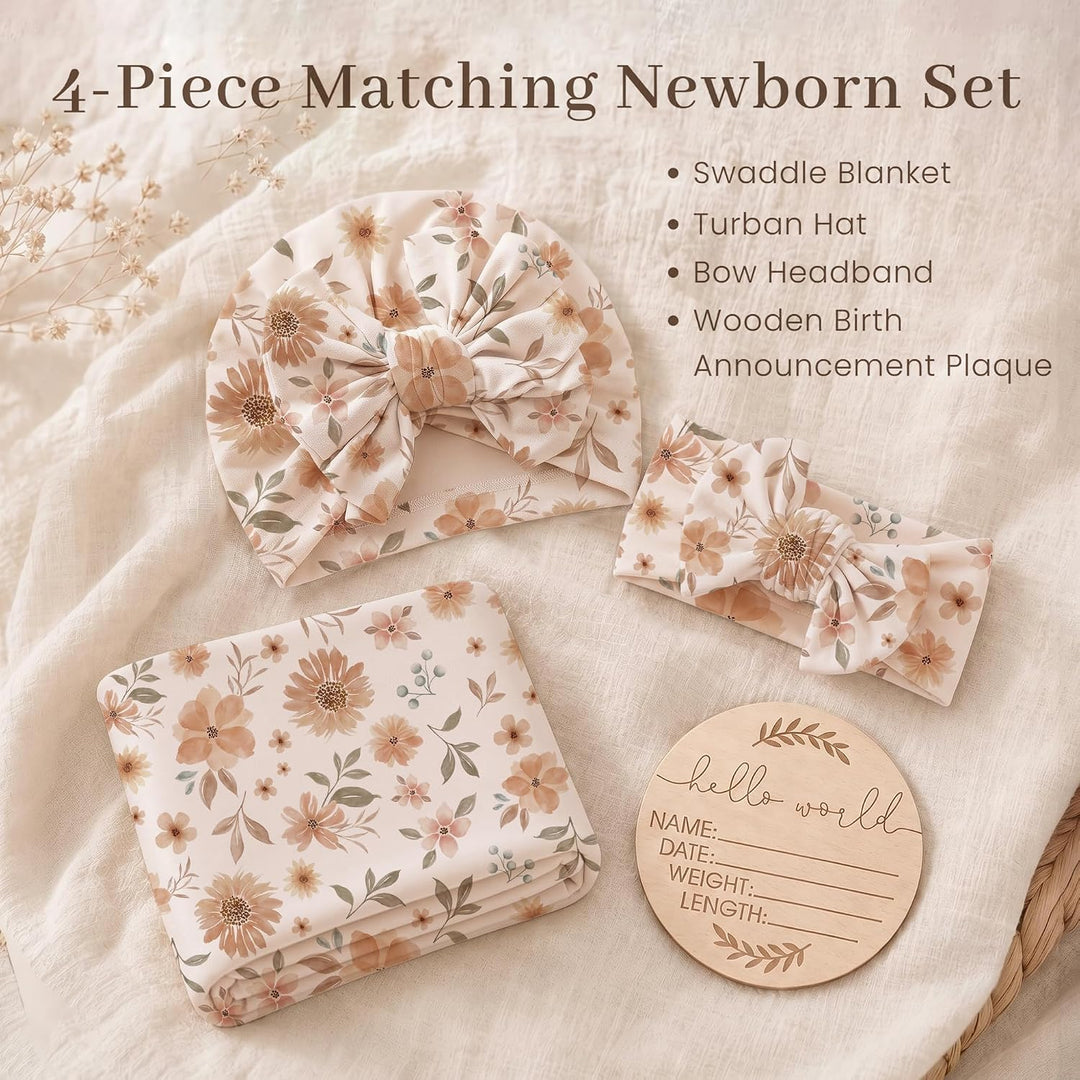 Konssy Baby Swaddle Blanket Set for Girl, 4-Piece Newborn Receiving Blanket/Soft & Stretchy, Matching Bow Hat, Headband and Wooden Sign, Floral & Solid, Newborn Photos and Birth Announcements