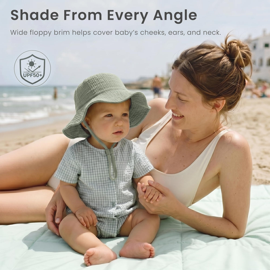 Konssy Muslin Baby Boy Sun Hat 2-Pack, Infant Sun Hat with Wide Brim, UPF 50+ Baby Beach Hat for 0-6 Months - Navy-fog green - image 2