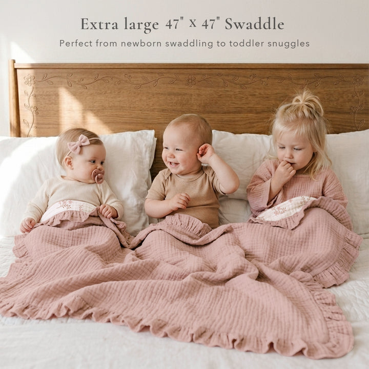 Konssy Flounce Muslin Baby Blanket for Girls Boys 47 x 47 Inches, 100% Cotton Soft Crib Swaddle Blankets, Reversible & Breathable Nursery Bedding for Newborns Toddlers(Petal Dream)