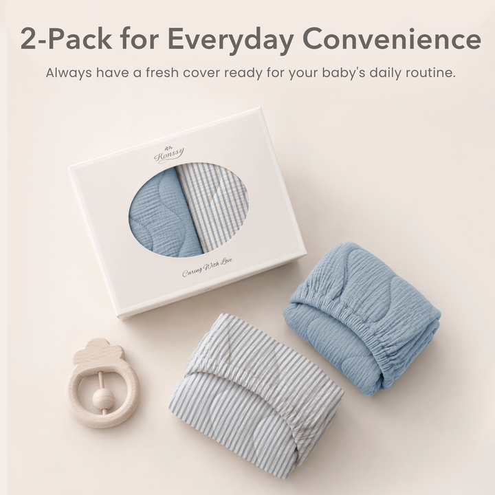 Konssy Waterproof Muslin Changing Pad Cover 2 Pack, 100% Cotton Quilted Diaper Changing Table Sheets, Soft Breathable Boho Nursery Bedding for Baby, Silent & Absorbent Standard Fit