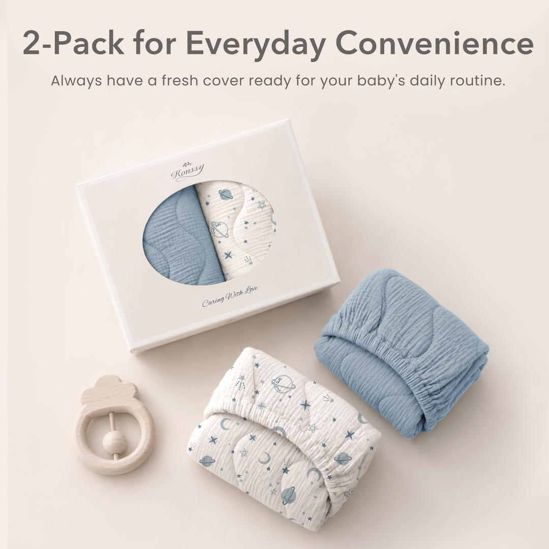 Konssy Waterproof Muslin Changing Pad Cover 2 Pack, 100% Cotton Quilted Diaper Changing Table Sheets, Soft Breathable Boho Nursery Bedding for Baby, Silent & Absorbent Standard Fit