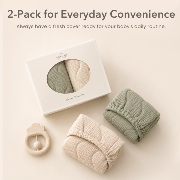 Konssy Waterproof Muslin Changing Pad Cover 2 Pack, 100% Cotton Quilted Diaper Changing Table Sheets, Soft Breathable Boho Nursery Bedding for Baby, Silent & Absorbent Standard Fit