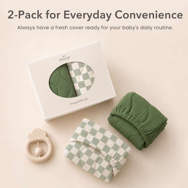 Konssy Waterproof Muslin Changing Pad Cover 2 Pack, 100% Cotton Quilted Diaper Changing Table Sheets, Soft Breathable Boho Nursery Bedding for Baby, Silent & Absorbent Standard Fit