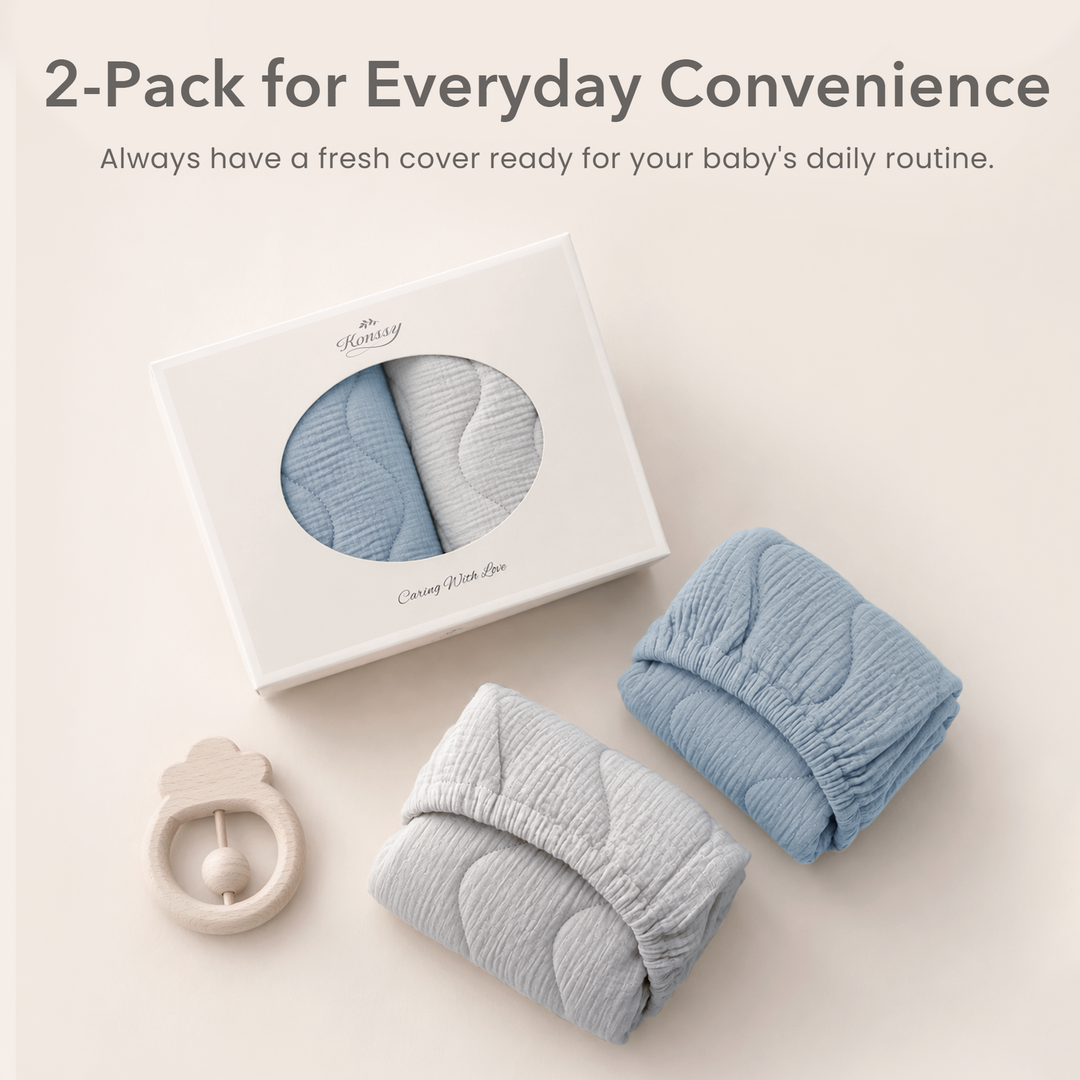 Konssy Waterproof Muslin Changing Pad Cover 2 Pack, 100% Cotton Quilted Diaper Changing Table Sheets, Soft Breathable Boho Nursery Bedding for Baby, Silent & Absorbent Standard Fit