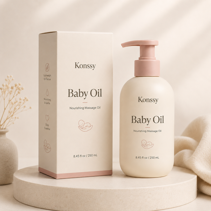 Konssy Baby Oil for Moisturizing and Massage, Lightweight Nourishing Massage Oil with Easy Pump, Daily Baby Skin Care Oil