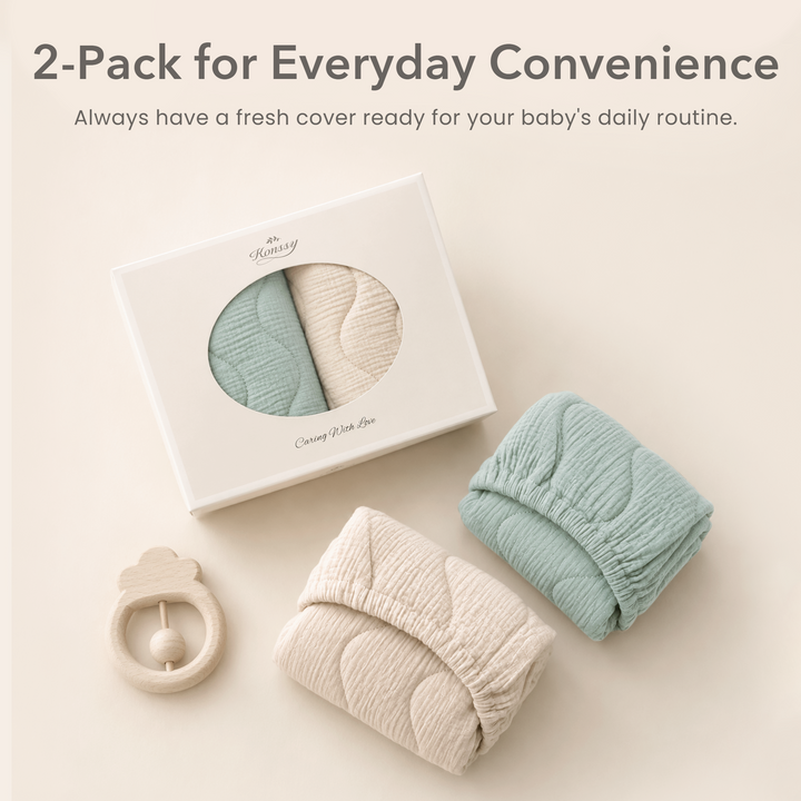 Konssy Waterproof Muslin Changing Pad Cover 2 Pack, 100% Cotton Quilted Diaper Changing Table Sheets, Soft Breathable Boho Nursery Bedding for Baby, Silent & Absorbent Standard Fit