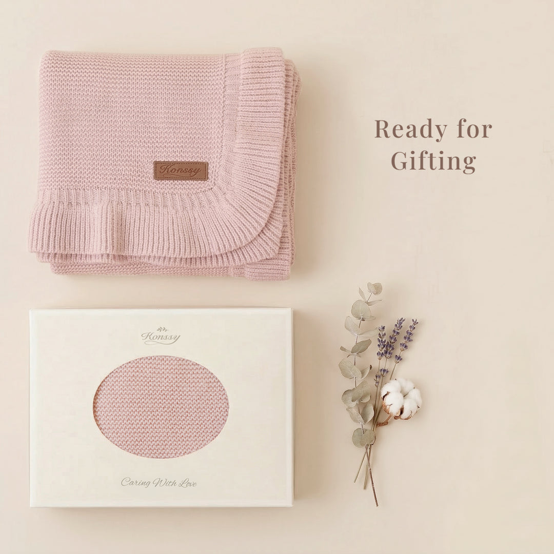 Konssy Knit Baby Blanket with Ruffle Edge, Ultra-Soft Receiving Baby Blankets for Girl