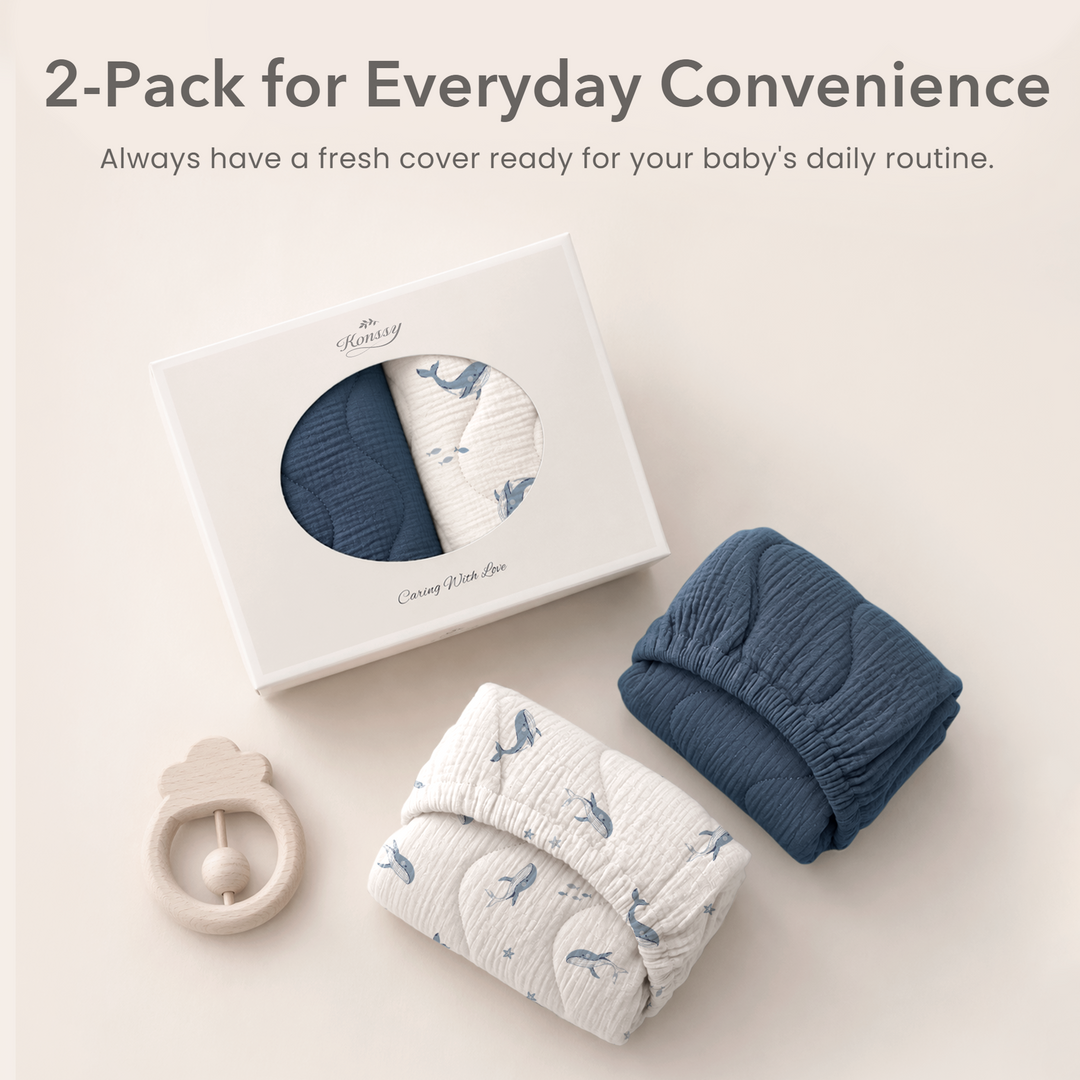 Konssy Waterproof Muslin Changing Pad Cover 2 Pack, 100% Cotton Quilted Diaper Changing Table Sheets, Soft Breathable Boho Nursery Bedding for Baby, Silent & Absorbent Standard Fit