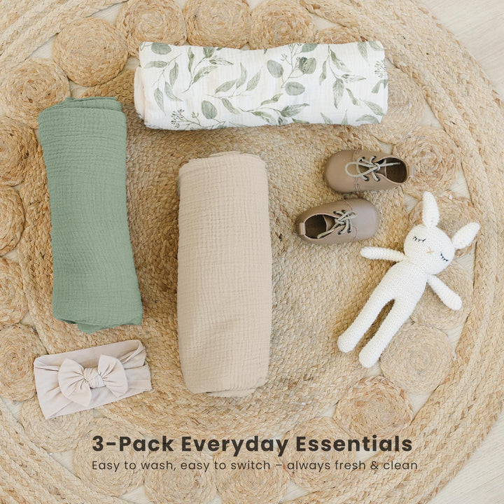 Konssy 3-Pack Muslin Baby Swaddle Blankets, 47 x 47 In Receiving Blankets - Green Leaves - image 4