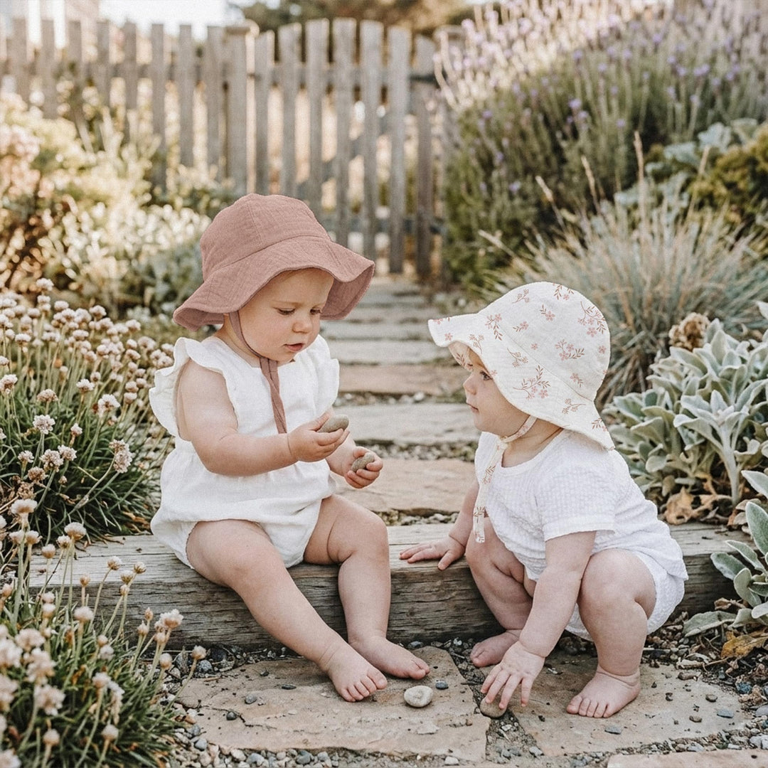 Konssy 2-Pack Muslin Baby Girl Sun Hats with Wide Brim, UPF 50+, 0-6& 6-12M - Soft Blooms-taupe - image 5