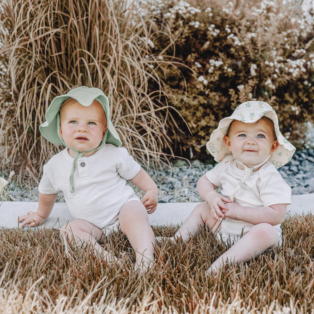 Konssy 2-Pack Muslin Baby Girl Sun Hats with Wide Brim, UPF 50+, 0-6& 6-12M - Green-leafy - image 2