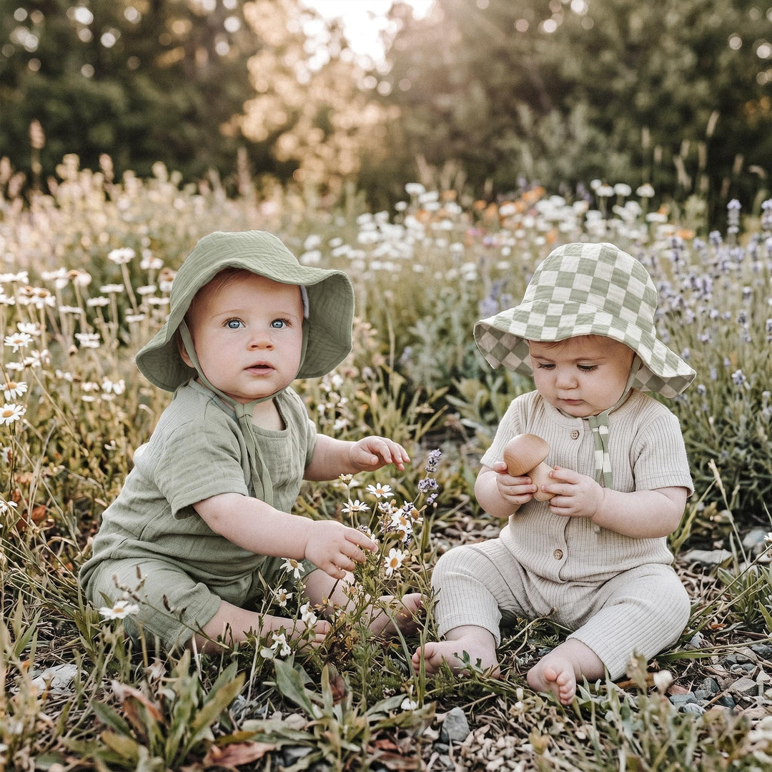 Konssy 2-Pack Muslin Baby Girl Sun Hats with Wide Brim, UPF 50+, 0-6& 6-12M - Fog Green-green Plaid - image 4