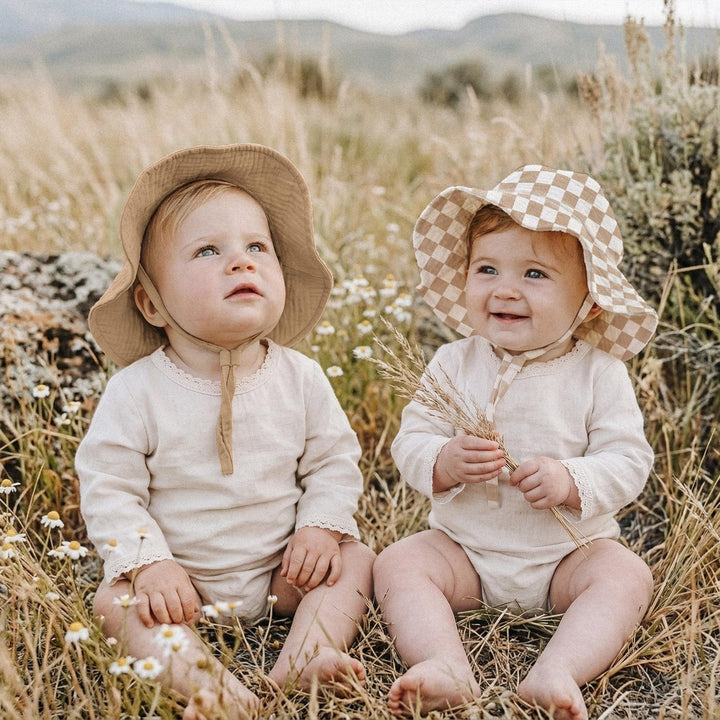 Konssy 2-Pack Muslin Baby Girl Sun Hats with Wide Brim, UPF 50+, 0-6& 6-12M - Camel-coffee Check - image 4