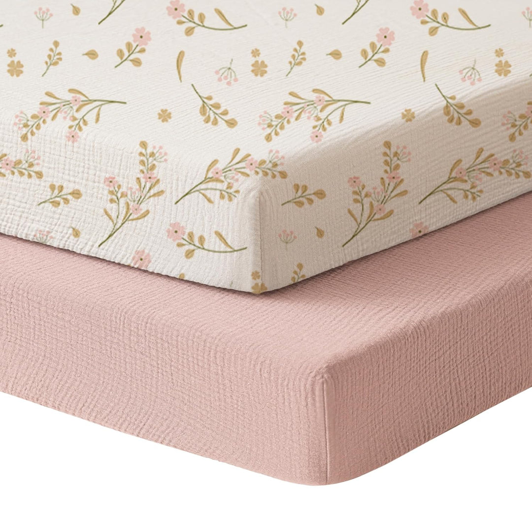 Konssy Muslin Crib Sheets for Girl Boy, 2 PCS Soft and Breathable Cotton Baby Sheets for Standard Crib Mattress, 38"x 24"