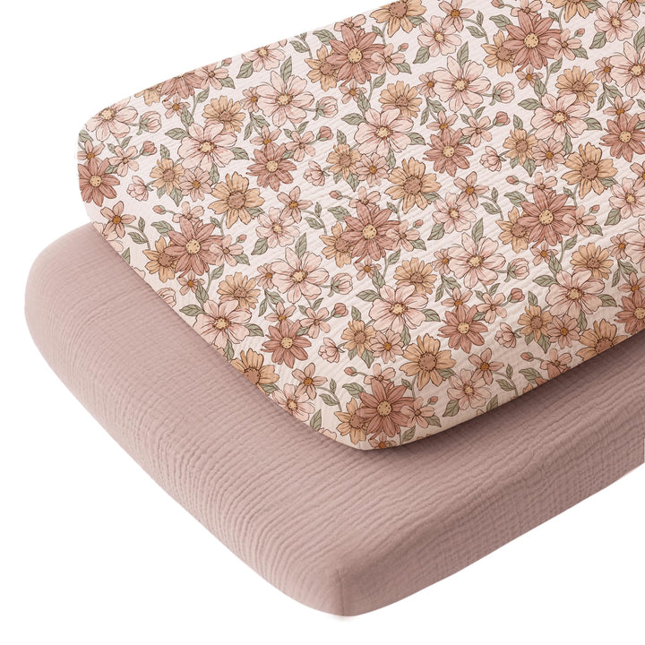 Konssy 2 Pack Muslin Bassinet Sheets for Baby Girls Boys, 33"x21" - Vintage Petals,Taupe - image 1