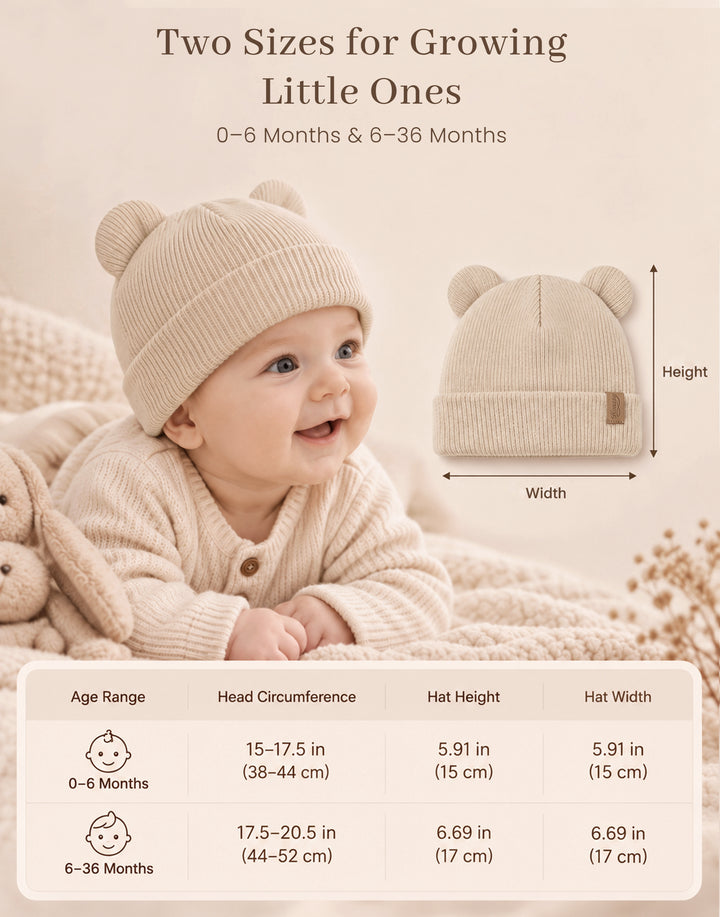 Konssy 4 Pack Baby Beanie with Bear Ear Warm Winter Hat for Newborn Infant Cozy Double-Layer Knitted Warm Cap, Extra-Soft Stretch Beanies, Multicolor Set, Baby Winter Hat for Boys and Girls 0-6 Months
