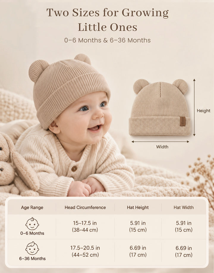 Konssy 4 Pack Baby Beanie with Bear Ear Warm Winter Hat for Newborn Infant Cozy Double-Layer Knitted Warm Cap, Extra-Soft Stretch Beanies, Multicolor Set, Baby Winter Hat for Boys and Girls 0-6 Months