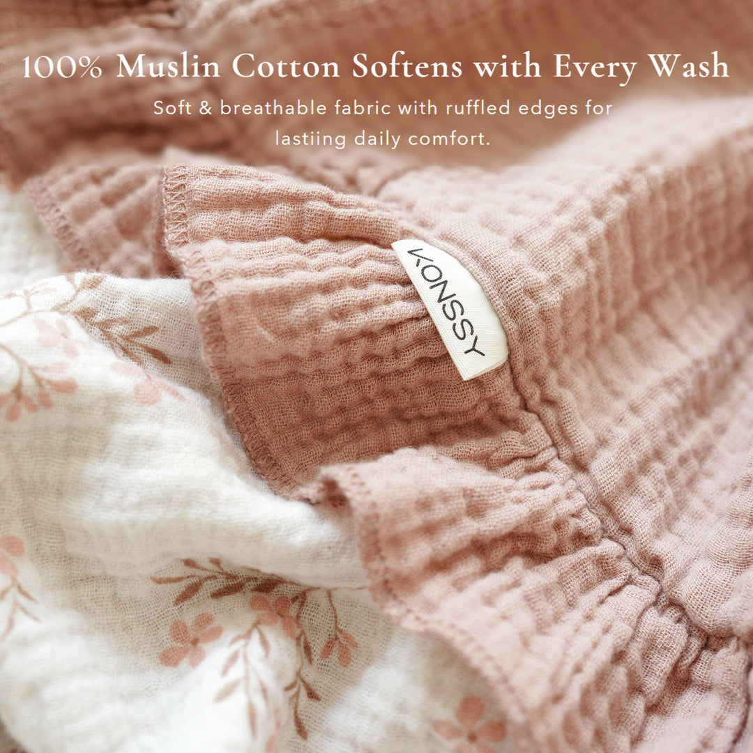 Konssy Flounce Muslin Baby Blanket for Girls Boys 47 x 47 Inches, 100% Cotton Soft Crib Swaddle Blankets, Reversible & Breathable Nursery Bedding for Newborns Toddlers(Petal Dream)