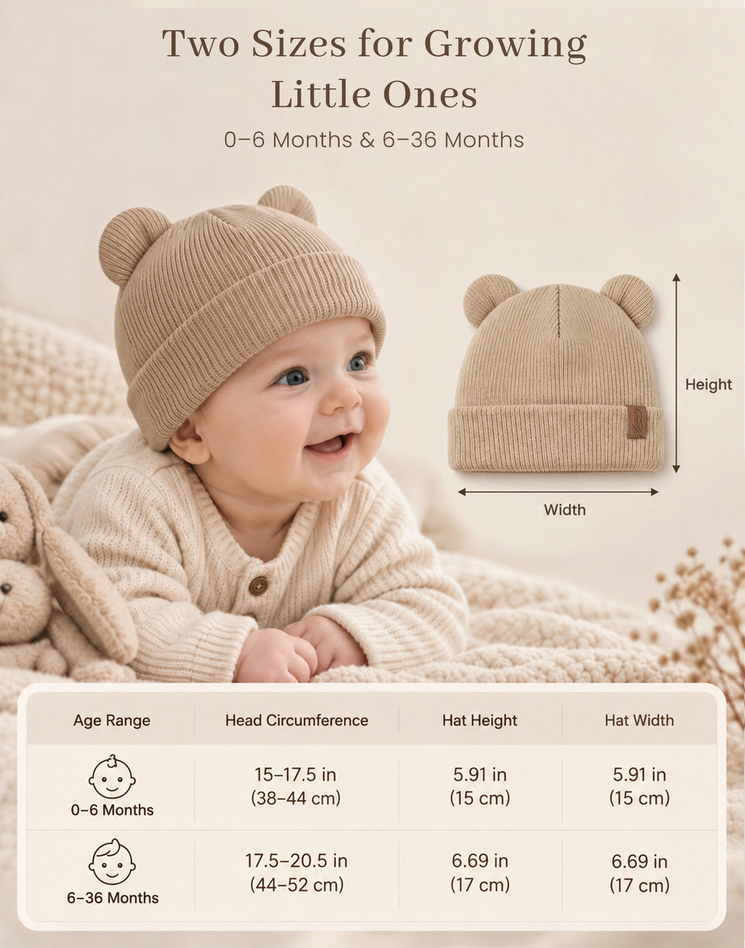 Konssy 4 Pack Baby Beanie with Bear Ear Warm Winter Hat for Newborn Infant Cozy Double-Layer Knitted Warm Cap, Extra-Soft Stretch Beanies, Multicolor Set, Baby Winter Hat for Boys and Girls 0-6 Months