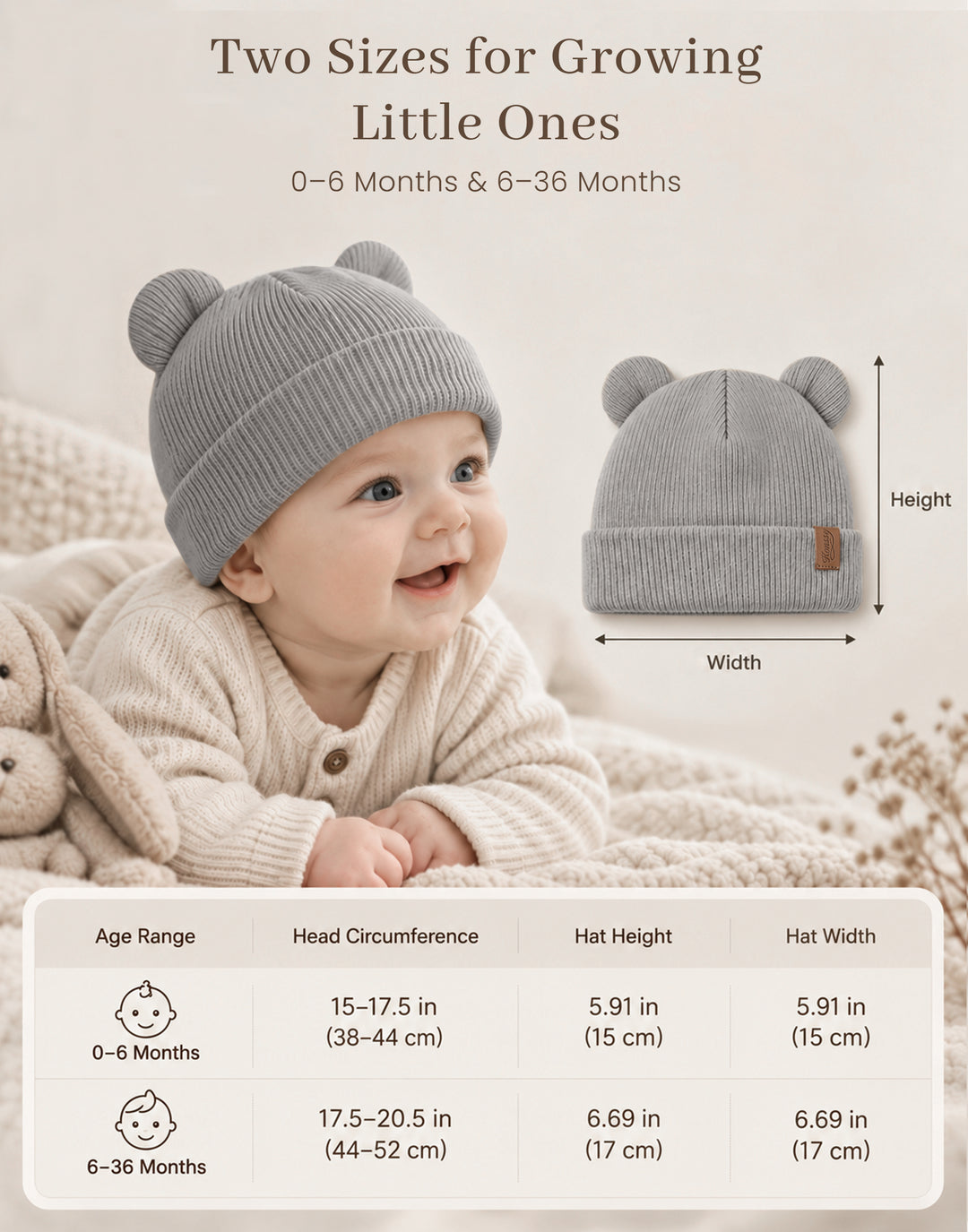 Konssy 4 Pack Baby Beanie with Bear Ear Warm Winter Hat for Newborn Infant Cozy Double-Layer Knitted Warm Cap, Extra-Soft Stretch Beanies, Multicolor Set, Baby Winter Hat for Boys and Girls 0-6 Months