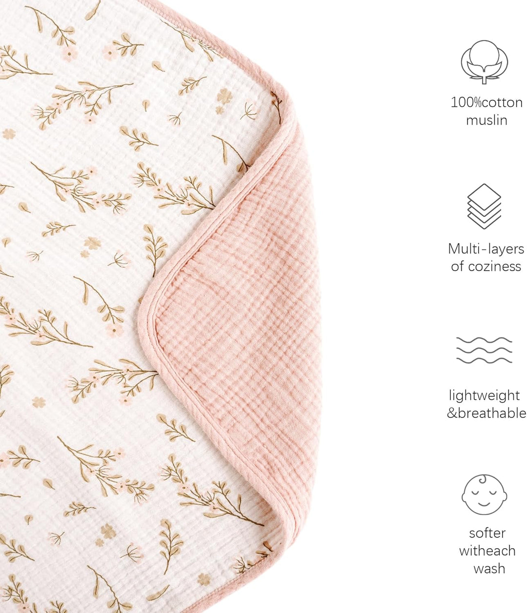 Konssy Muslin Baby Blanket for Baby Girls, 100% Cotton Soft Lightweight Crib Blanket, 40" x 36"